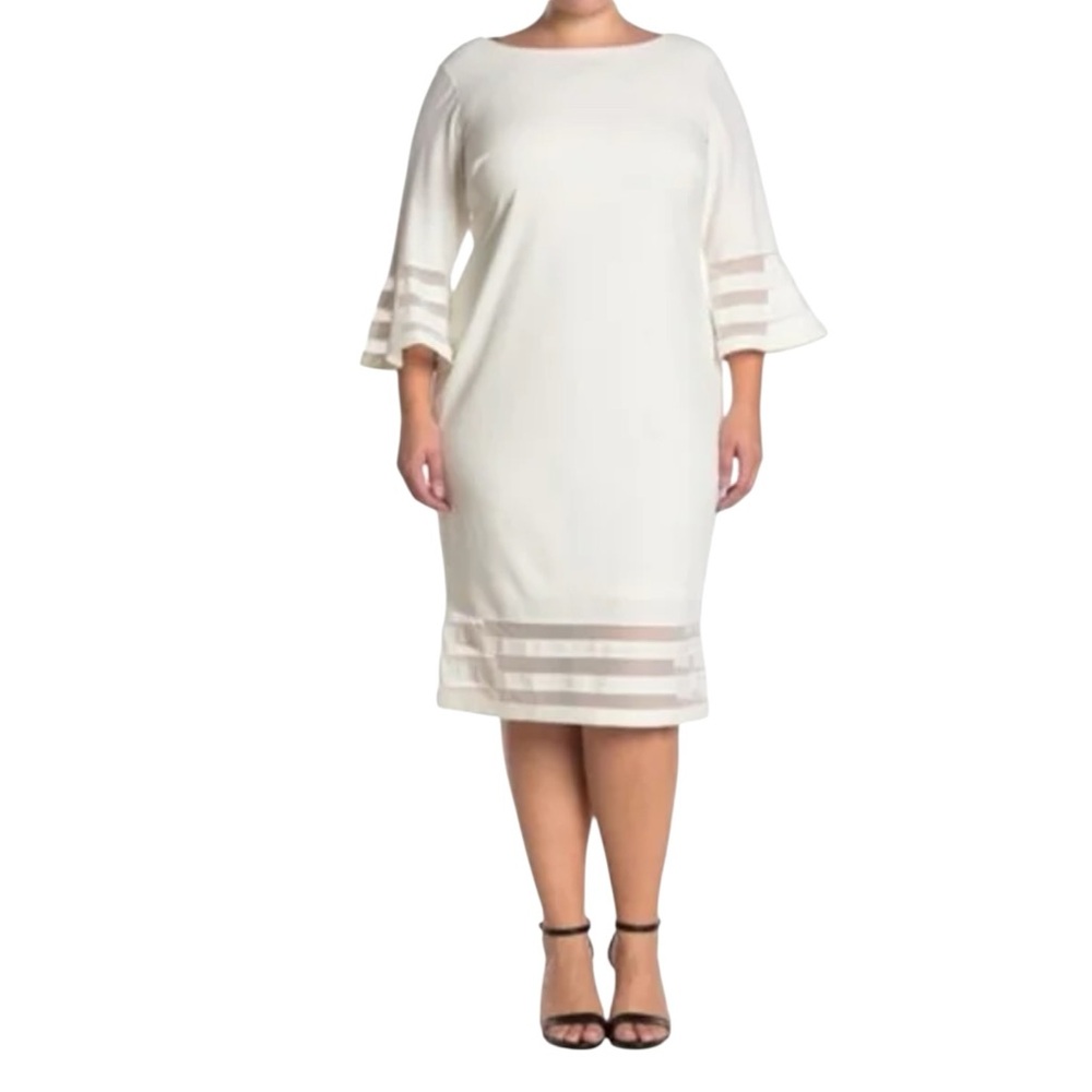 NWT Calvin Klein Woman Ivory Mesh Illusion-Trim  Sheath Dress with Bell Sleeves